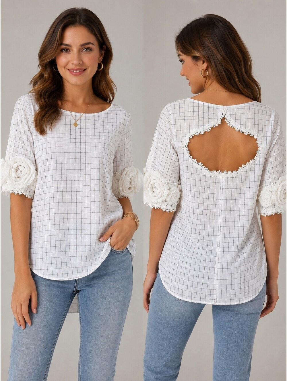 Anne Fontaine Margaux Windowpane Blouse Lace Rosette Sleeve Cutout Back T Top S